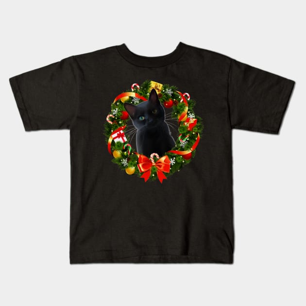 Funny Black Cat Christmas Wreath Ornament Kids T-Shirt by Magazine